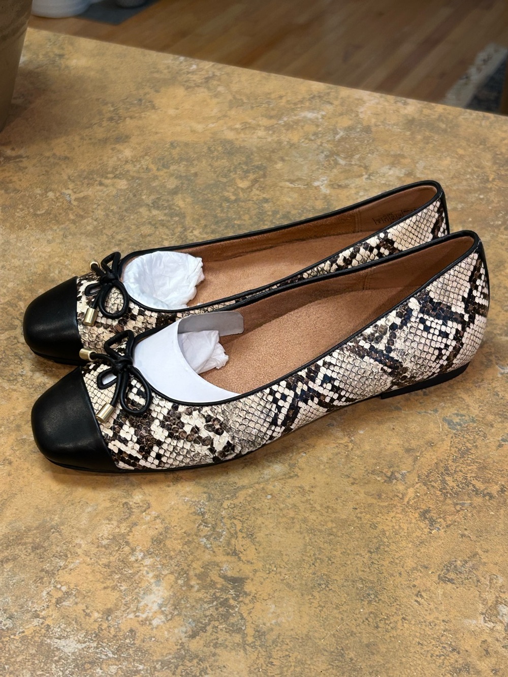Vionic Klara Black & Snake-Print Ballet Flats with Bow - Picture 7 of 12